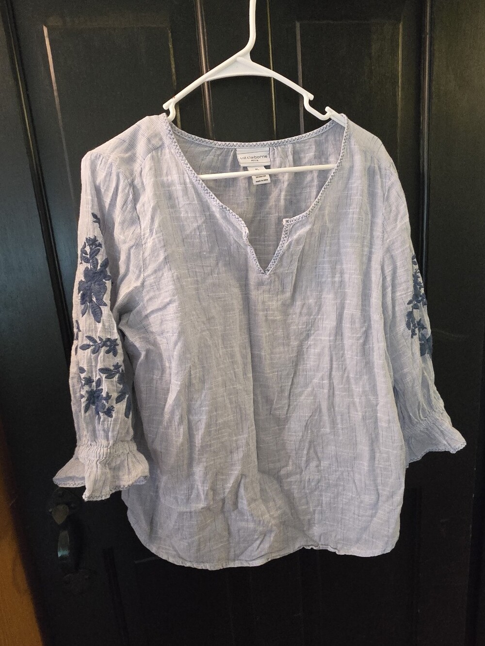 Liz Claiborne Light Blue Tunic with Navy Floral Embroidery